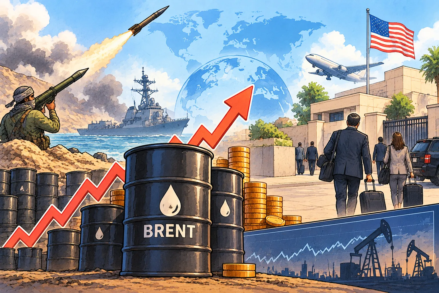 Brent Rises to $110 as Houthi Strikes Prompt US Diplomat Exits