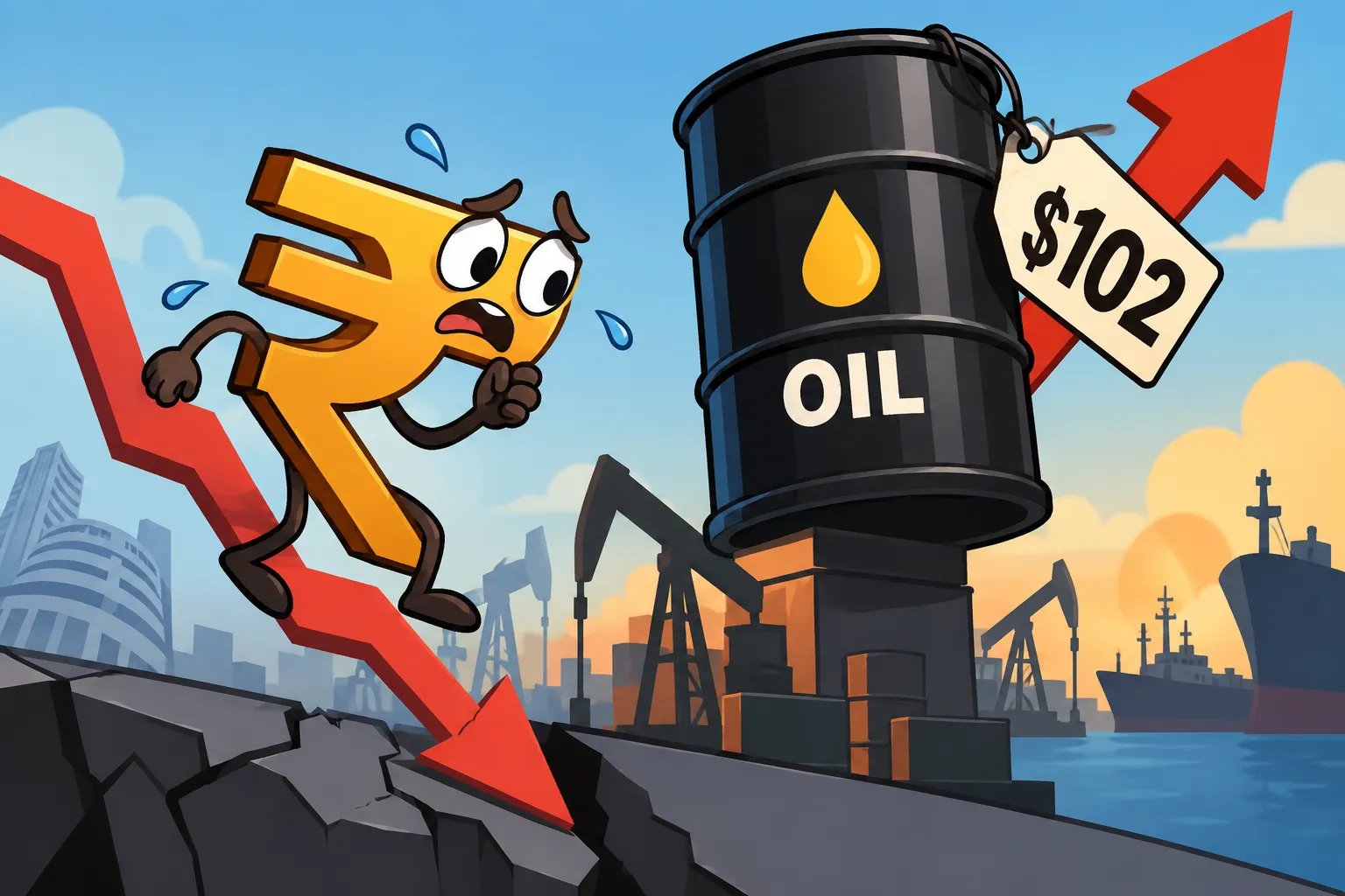 Worried Rupee character next to $102 oil barrel
