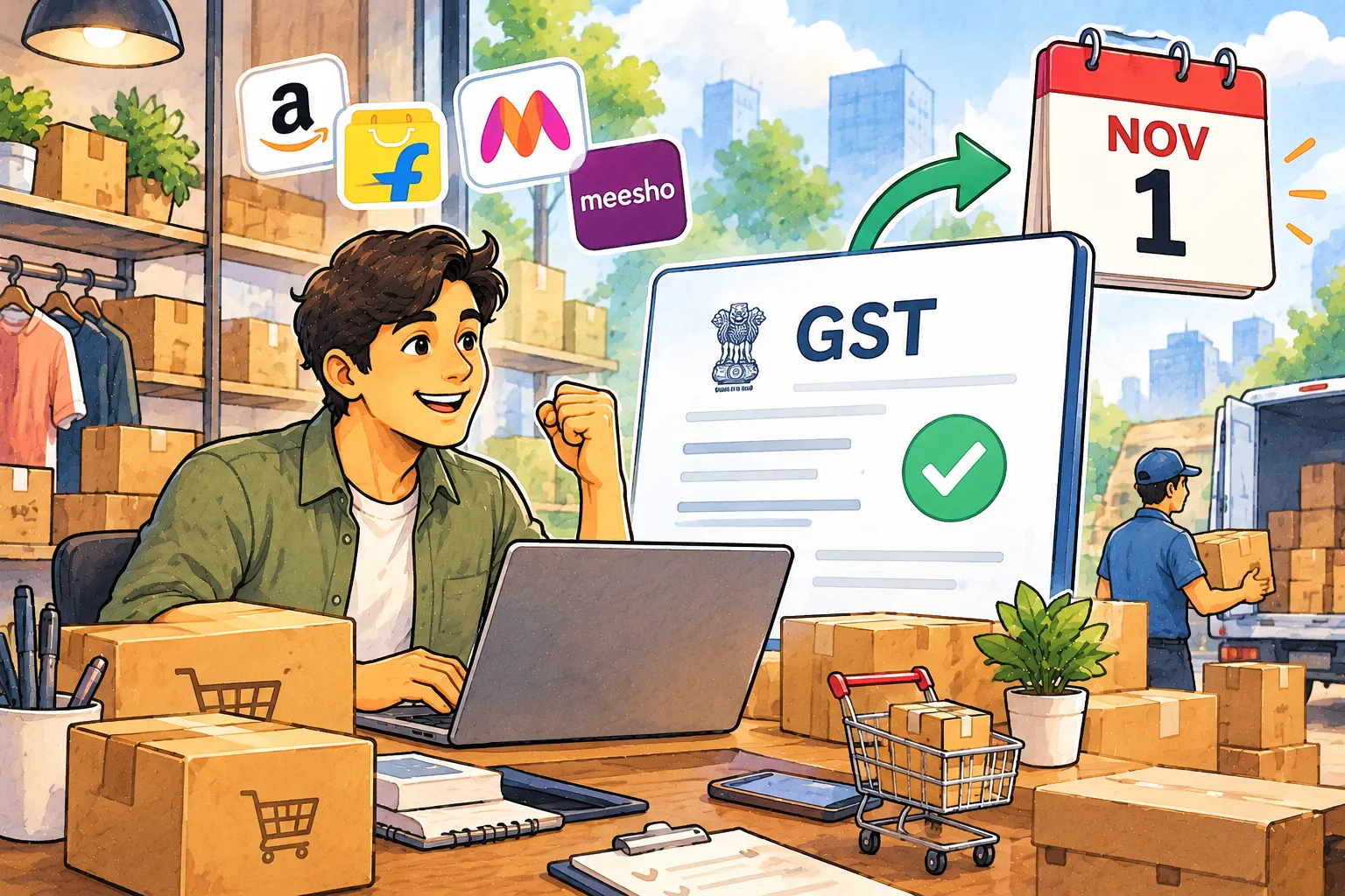 Online seller with GST approval document, parcels and e-commerce marketplace icons