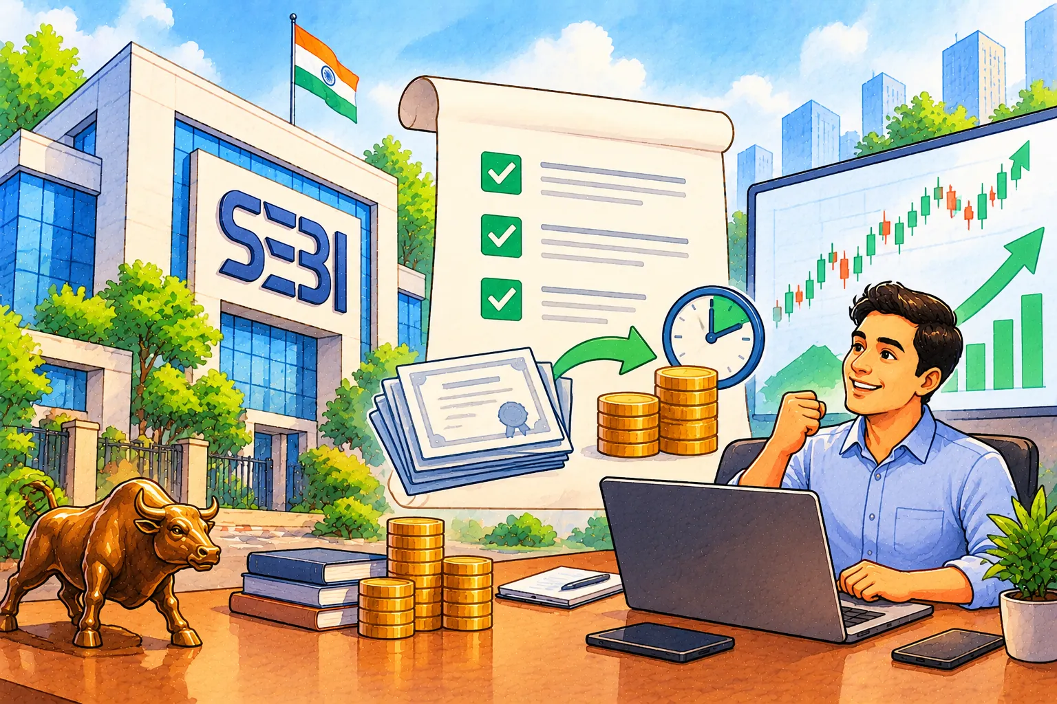 SEBI building with a trader reviewing securities, margin rules and rising market charts