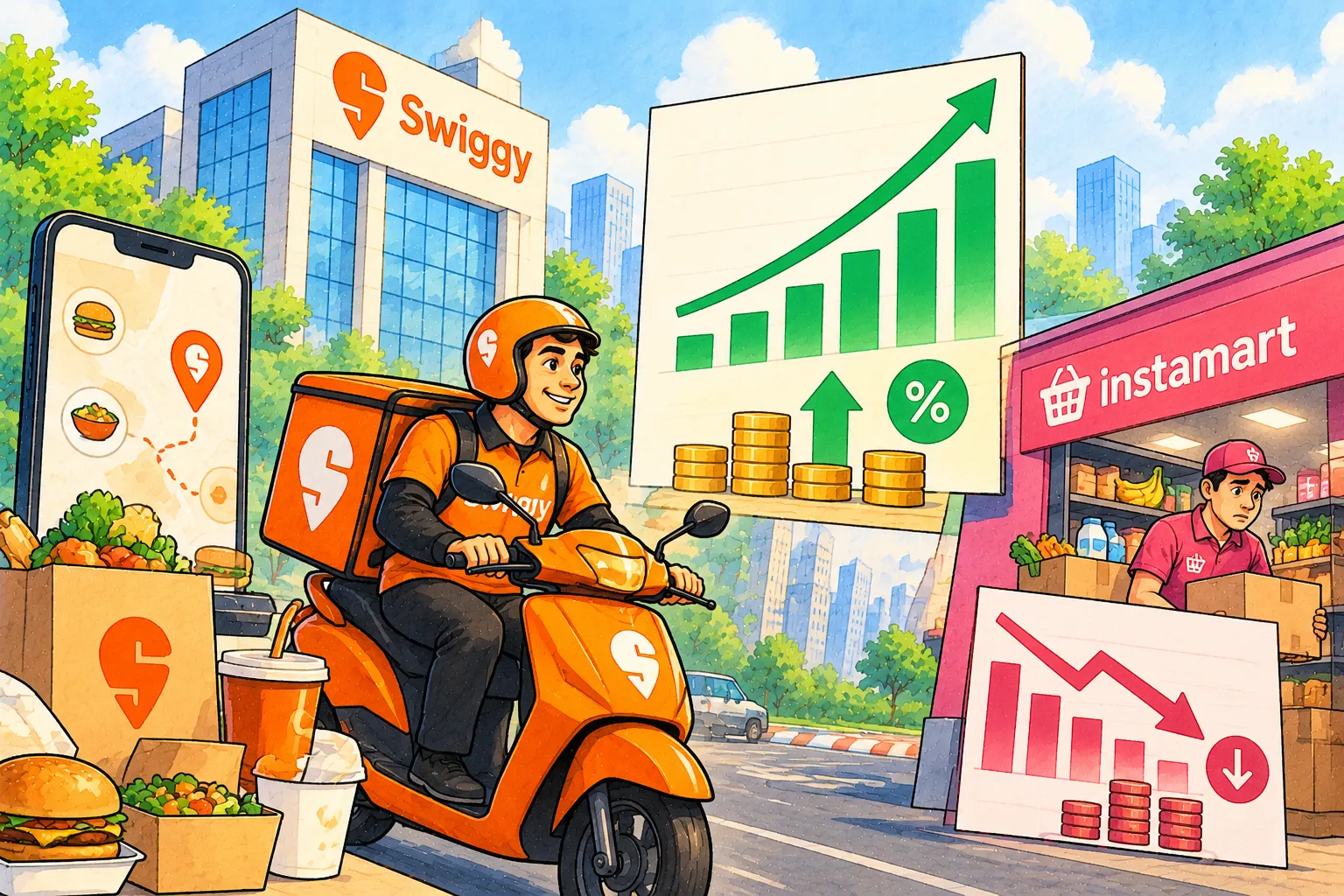 Swiggy delivery rider with rising revenue charts and Instamart loss indicator